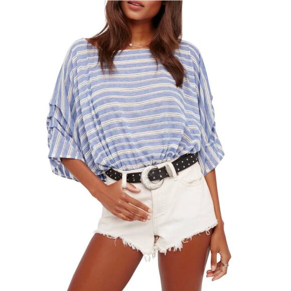 Free People Azalea Striped Oversized Eyelet Top Women Medium Boxy Relaxed Beachy - Picture 1 of 9
